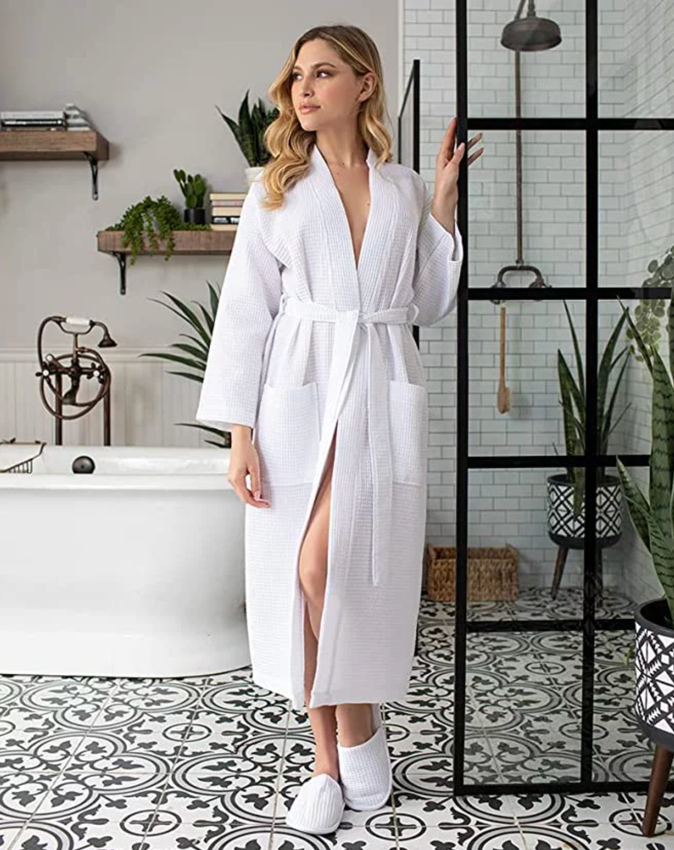 White LOTUS LINEN Women's Waffle Kimono Lightweight Robes-Cotton