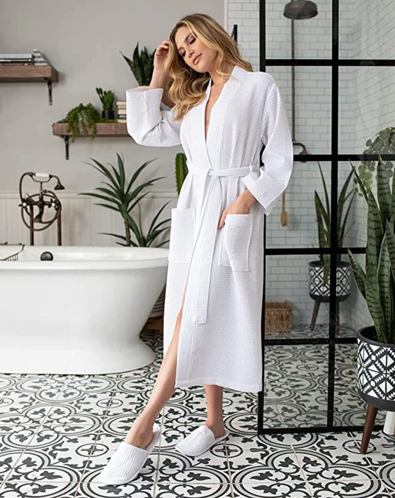 White LOTUS LINEN Women's Waffle Kimono Lightweight Robes-Cotton